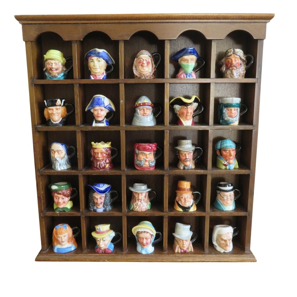 Franklin Porcelain 25pc Miniature Character Jug Collection 1982 Wood Display Set